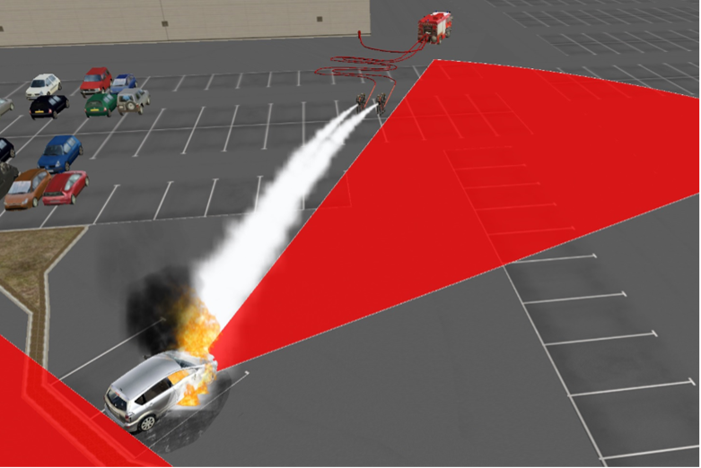 A 3d rendering of hazard distances for a hydrogen car on fire.