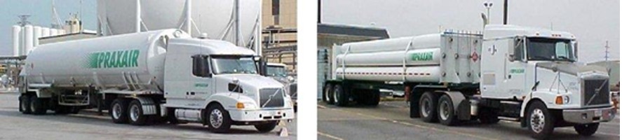 Photos of two different types of tanker trailers for transporting hydrogen.
