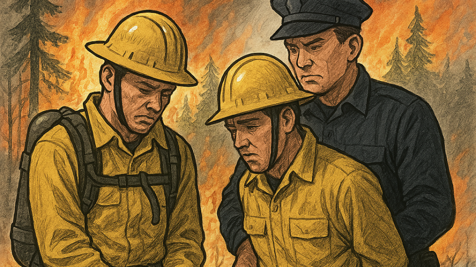 Two firefighters arrested while fighting a wildfire.  From an idea by Bjorn Ulfsson, executed by Microsoft CoPilot 