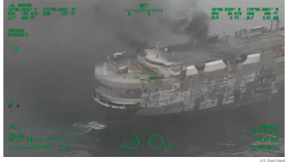 In June, an international cargo ship, the Morning Midas, caught fire and ultimately sunk off the coast of Alaska. The ship was carrying around 3000 vehicles, including around 70 electric vehicles and nearly 700 hybrids. Photo by US Coast Guard. 