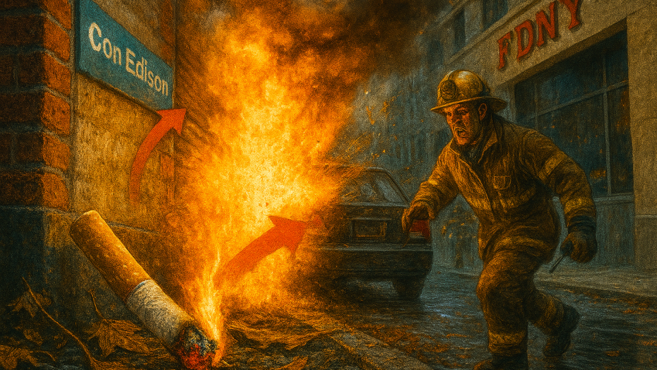 illustration showing the hidden danger of discarded cigarette butts near flammable vapors. It captures the moment of ignition in a gritty urban setting, with a fireball erupting from the ground as a cigarette lands near a gas leak—highlighting how a small act can trigger a devastating explosion. Executed by MS CoPilot