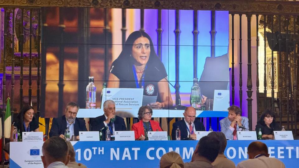 Zisoula Ntasiou, vice president of CTIF presenting at the October 2, 2026 meeting at the European Committee of the Regions (CoR) in Toledo, Spain, on Integrated Wildfire Risk Management.
