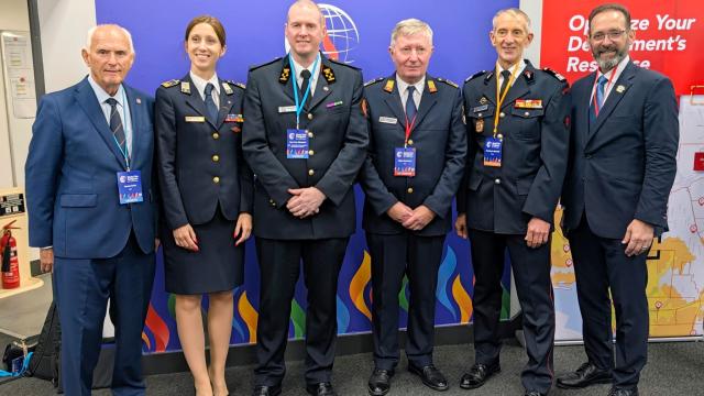 The CTIF delegation at the World Fire Congress in London, 2026. From the left; Dennis Davis (UK), Neza Strmole (Slovenia) Tom van Esbroeck (Belgium), Milan Dubravac (Slovenia), Christophe Marshal (France) and Otto Drozd (US)